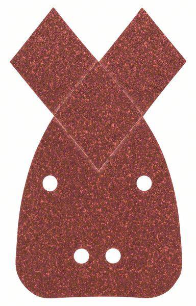Ein rotes, glitzerndes Schleifpapier mit rautenförmigem Oberteil und vier runden Löchern unten, verwendet für Schmirgelarbeiten.