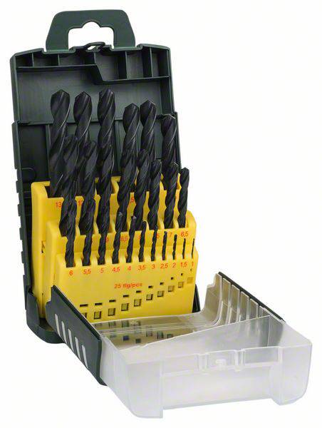 Satz von 19 Metallbohrern in verschiedenen Größen in einer schwarzen und gelben Aufbewahrungsbox mit transparentem Deckel.