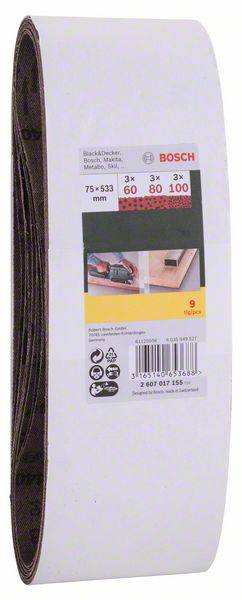 Bosch Accessories 2607017155 Schleifband-Set Körnung (num) 60, 80, 100 (L x B) 533mm x 75mm 1 Set