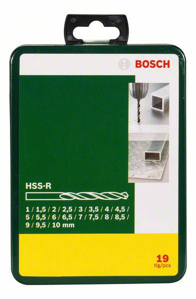 Abbildung einer grünen Verpackung mit HSS-R-Bohrern, Durchmesser 1 bis 10 mm, 19 Teile. Links Text, rechts Bohrer und Anwendung.