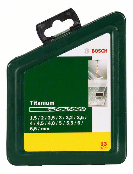 Bohrer-Set von Bosch, enthaltene Größen: 1,5 bis 6,5 mm; 13 Titanbohrer, abgebildet auf einer grünen Verpackung.