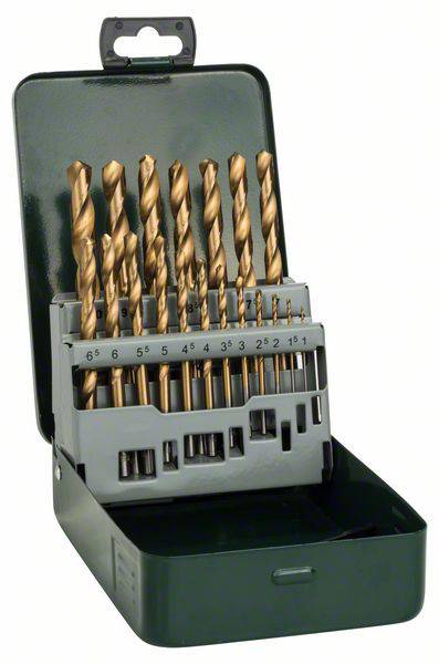 Bohrer-Set in einer offenen, grünen Metallbox mit mehreren Größen. Ideal für Heimwerkerprojekte und Bohrarbeiten verschiedener Materialien.