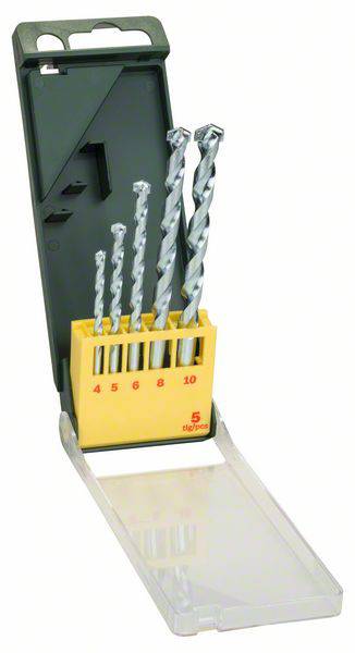 Ein Satz Bohrer in verschiedenen Größen in einem offenen, gelben Kunststoffetui mit Transparentdeckel.