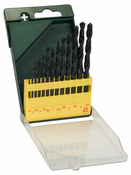 Bohrer-Set in gestufter Halterung von 1,5 mm bis 13 mm, im offenen Kunststoffetui präsentiert.