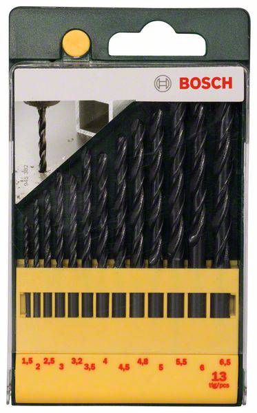 Bohrer-Set mit 13 unterschiedlichen Größen von 1,5 bis 6,5 mm in einer gelben Halterung. Markenname oben rechts.