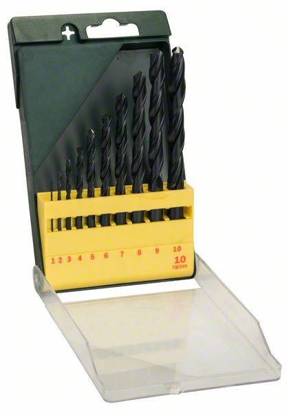 Ein Set von zehn schwarzen Metallbohrern in verschiedenen Größen, angeordnet in einem gelben Halter, mit Nummerierung von 1 bis 10.