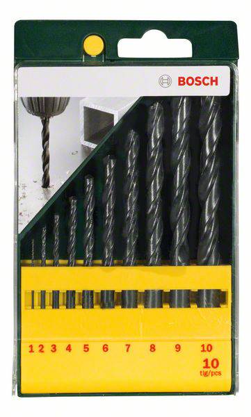 Ein Set von zehn Bosch-Bohrern in verschiedenen Größen von 1 bis 10 mm, verpackt in einer grünen und gelben Kunststoffbox.