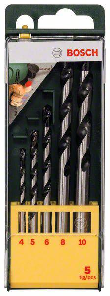 Satz aus fünf HSS-Schlagbohrern in verschiedenen Größen (4-10 mm) in einer Verpackung. Markenlogo oben. Geeignet für Metallbearbeitung.