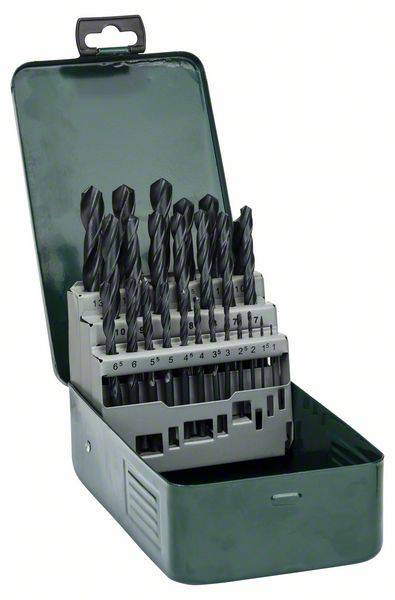 Ein Set aus Metallbohrern verschiedener Größen in einer grünen, offenen Metallbox.