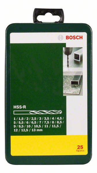 Bosch HSS-R Metallbohrer-Set, 25-teilig, Größen 1-13 mm. Enthält Abbildungen von Bohrer, Metallprofil und Metallplatte.