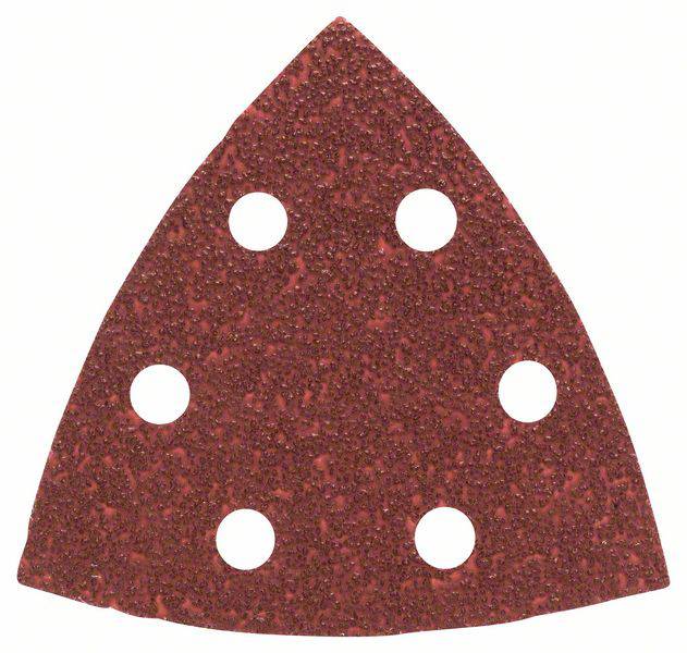 Ein dreieckiges Schleifpapier mit sechs runden Löchern, geeignet für ein Multitool, zeigt eine grobe Körnung für Oberflächenbearbeitung.