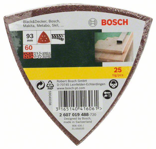 Bosch Accessories 2607019488 Deltaschleifpapier mit Klett, gelocht Körnung (num) 60 Eckmaß 93mm 25St.
