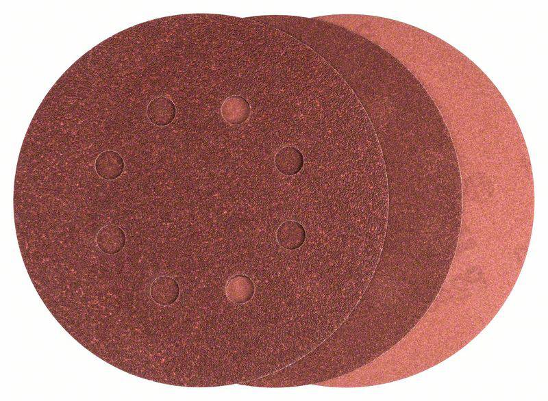 Drei rote Schleifscheiben in unterschiedlicher Körnung, teils übereinander liegend. Die obere Scheibe hat sechs Löcher.
