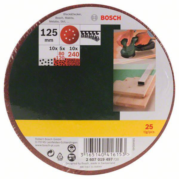 Bosch Accessories 2607019497 Exzenterschleifpapier-Set mit Klett, gelocht Körnung (num) 80, 120, 240 (Ø) 125mm 1 Set