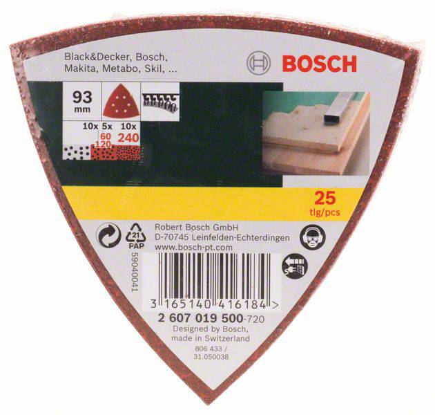 Bosch Accessories 2607019500 Deltaschleifpapier-Set mit Klett, gelocht Körnung (num) 60, 120, 240 Eckmaß 93mm 1 Set