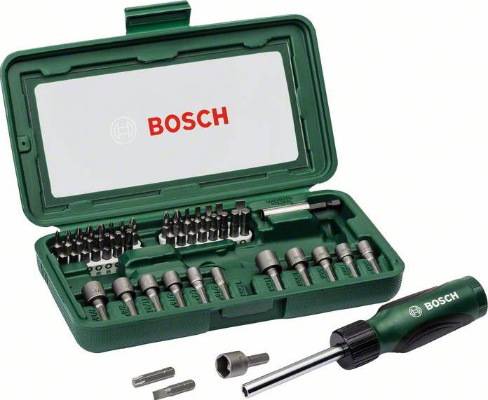 Grüner Werkzeugkasten mit Marke 'Bosch', enthält diverse Bits und einen Schraubendrehergriff.