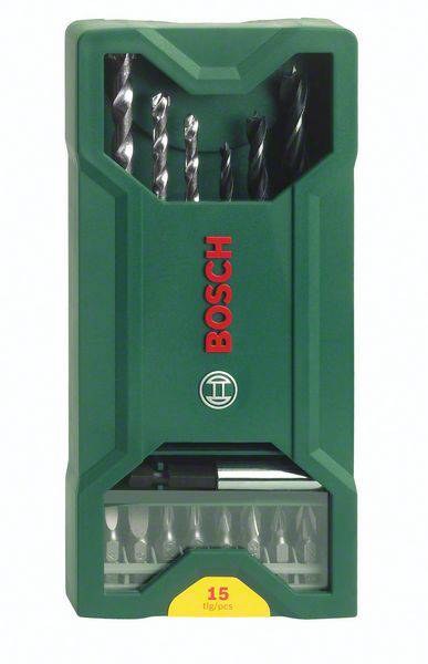 Bosch Bohrer-Set, 15-teilig, grüne Box, verschiedene Bohrergrößen sichtbar, Markenname in Rot auf der Box.