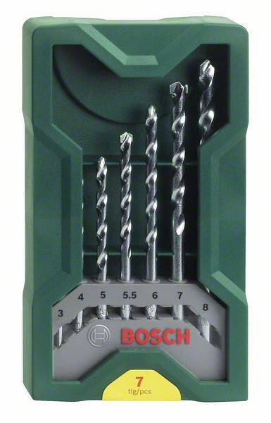 'Bosch-Bohrer-Set', bestehend aus fünf Spiralbohrern in einer grünen Kunststoffbox. Größen sind 3, 4, 5.5, 6 und 8 mm.