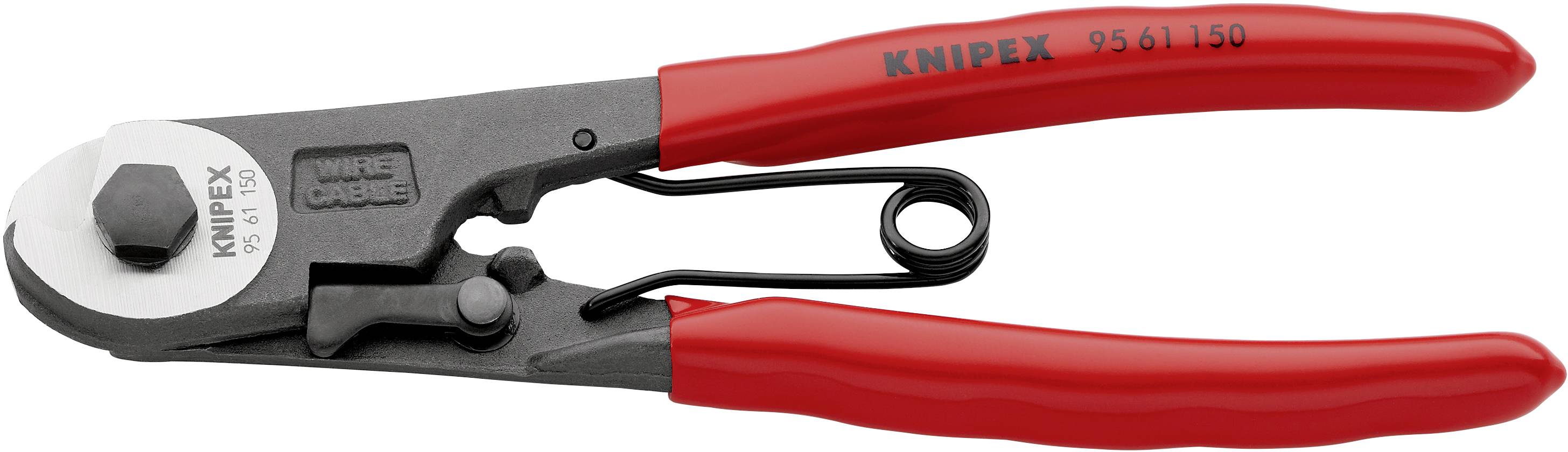 Kabelschneider mit roten Griffen und scharfer Klinge. Geöffnet mit integriertem Federspannmechanismus. Markierung 'Knipex 95 61 150'.