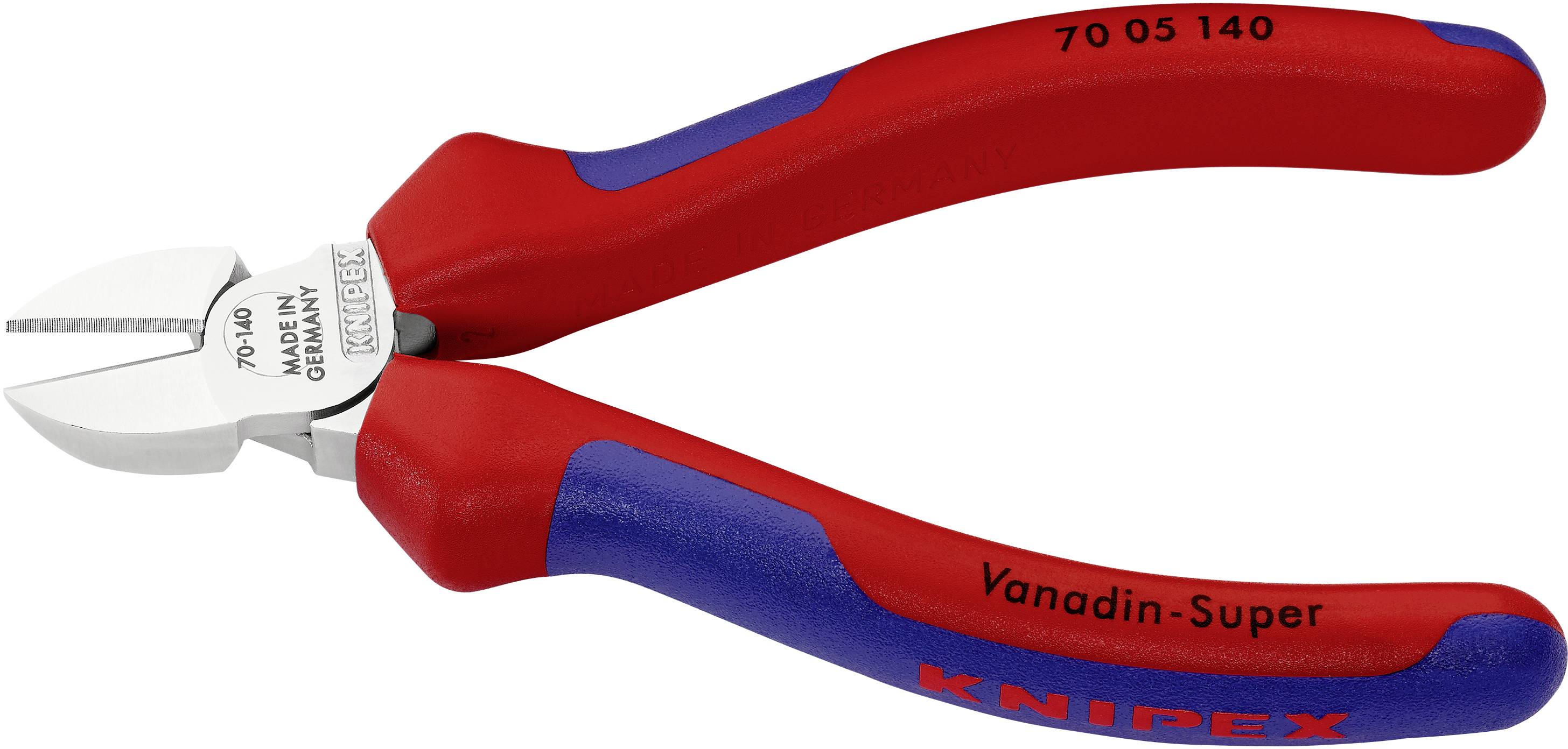 Rote und blaue Seitenschneiderzange mit der Aufschrift 'Knipex', '70 05 140', geeignet zum präzisen Schneiden von Drähten.