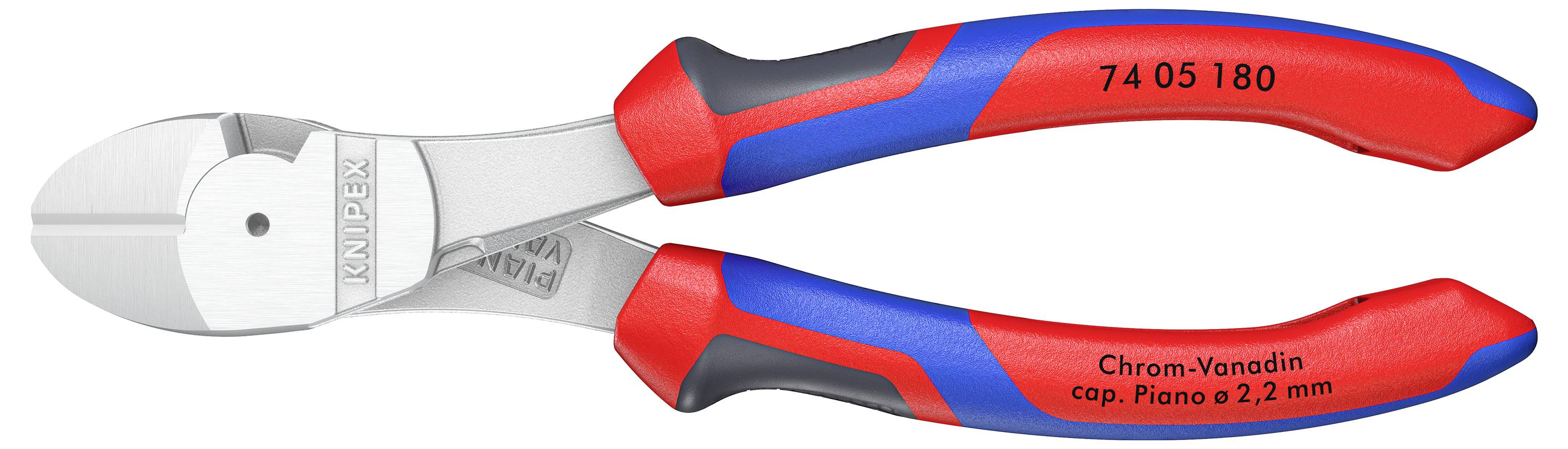 Seitenschneider mit rotem und blauem Griff, markiert mit 'Chrom-Vanadin cap. Piano ø 2,2 mm', hergestellt von Knipex.
