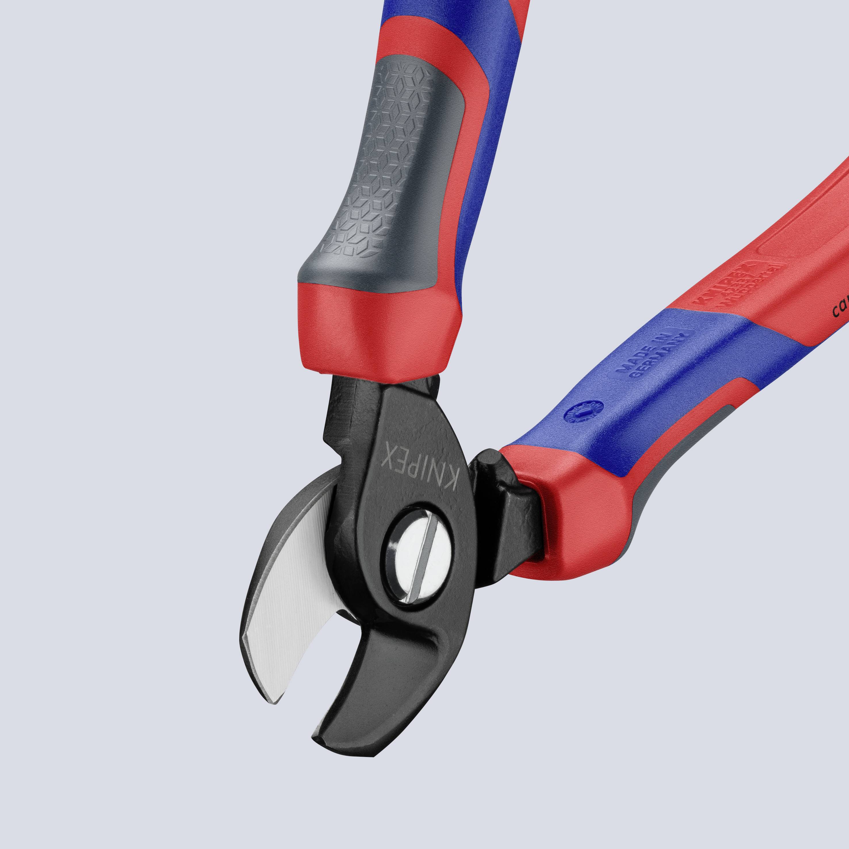 Seitenschneider mit blauen und roten Griffen, geeignet zum Schneiden von Drähten. Werkzeug aus robustem Material, ergonomisch geformt.