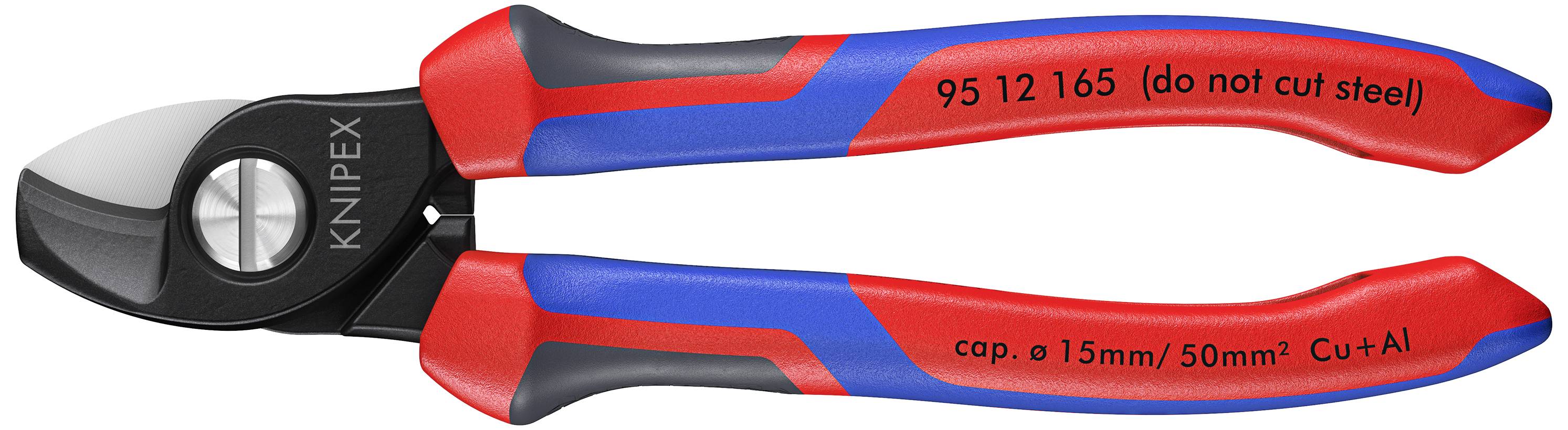 Seitenschneider mit isolierten Griffen in Blau und Rot, gekennzeichnet mit Kapazitätsangaben und dem Hinweis: 'do not cut steel'.