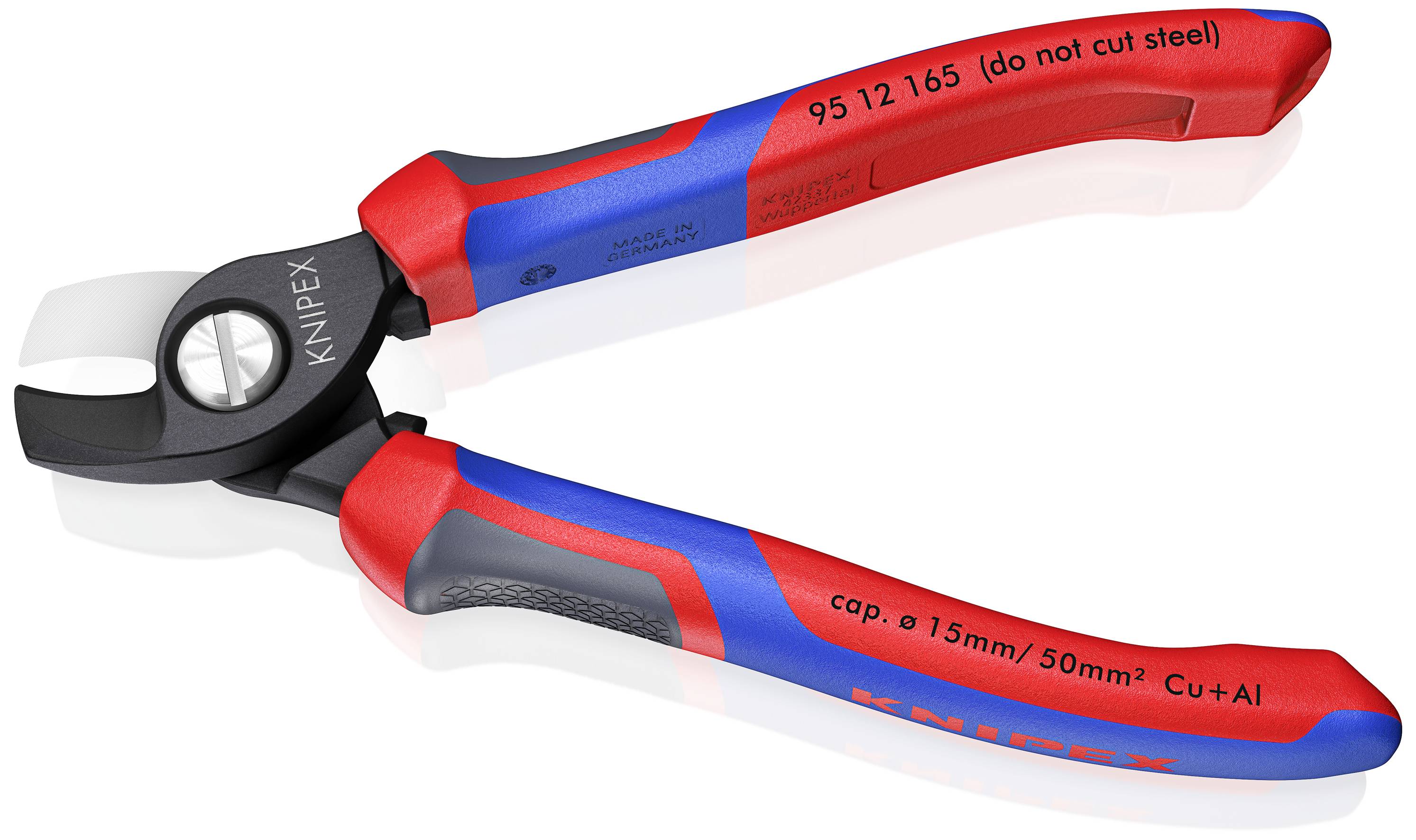 Zangenschneider mit rot-blauem Griff, geeignet zum Schneiden von Kabeln bis 50 mm². Aufschrift: 'do not cut steel', 'cap. ø 15mm'.