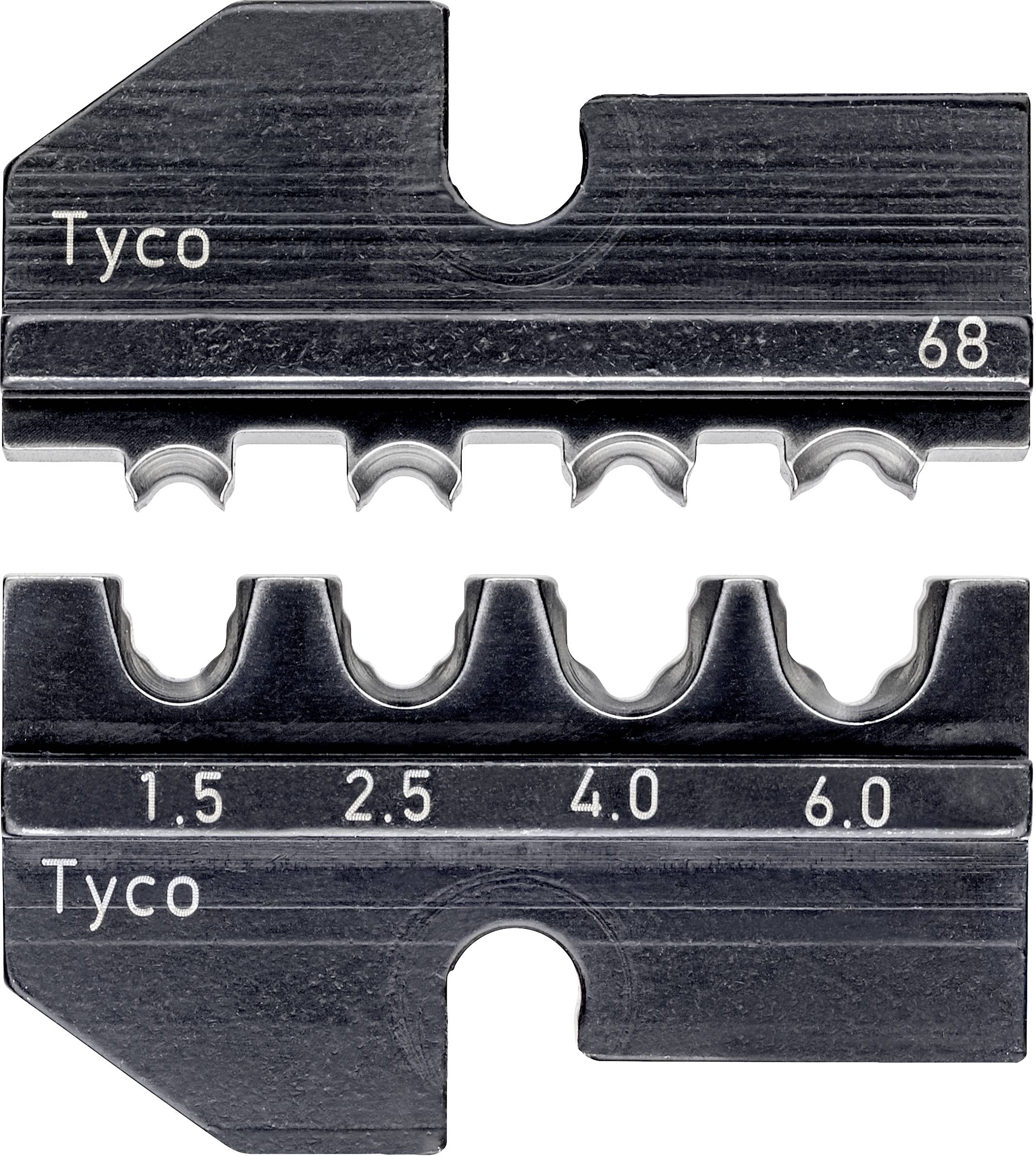 Zwei metallene Crimpwerkzeuge für Kabel: Oben geprägt mit 'Tyco' und '68', unten mit 'Tyco' und den Zahlen 1.5, 2.5, 4.0, 6.0.