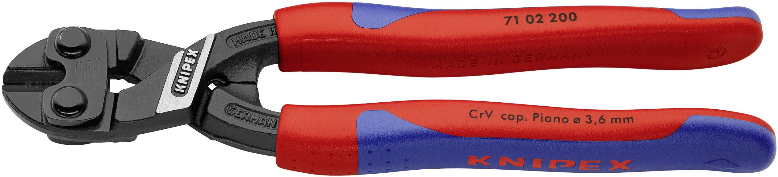 'Knipex' Bolzenschneider mit roten und blauen Griffen für Stahl, Modellnummer 71 02 200, geeignet für Drähte bis 3,6 mm.