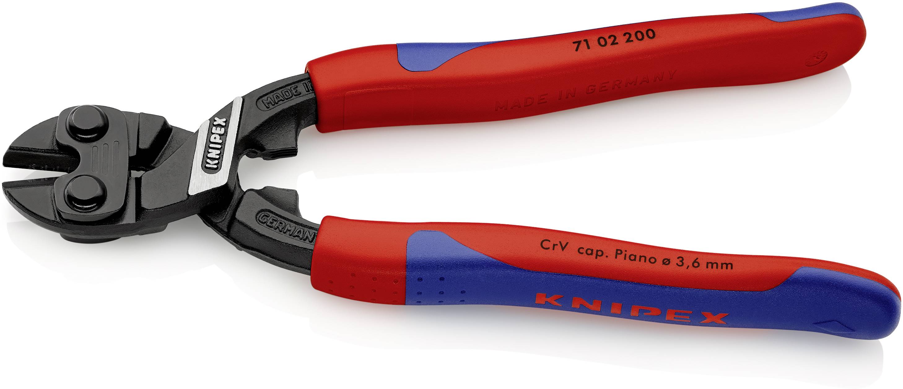 Zange mit rotem Griff und schwarzem Schneidmechanismus, geeignet zum Schneiden von Drähten bis zu 3,6 mm, Marke Knipex.