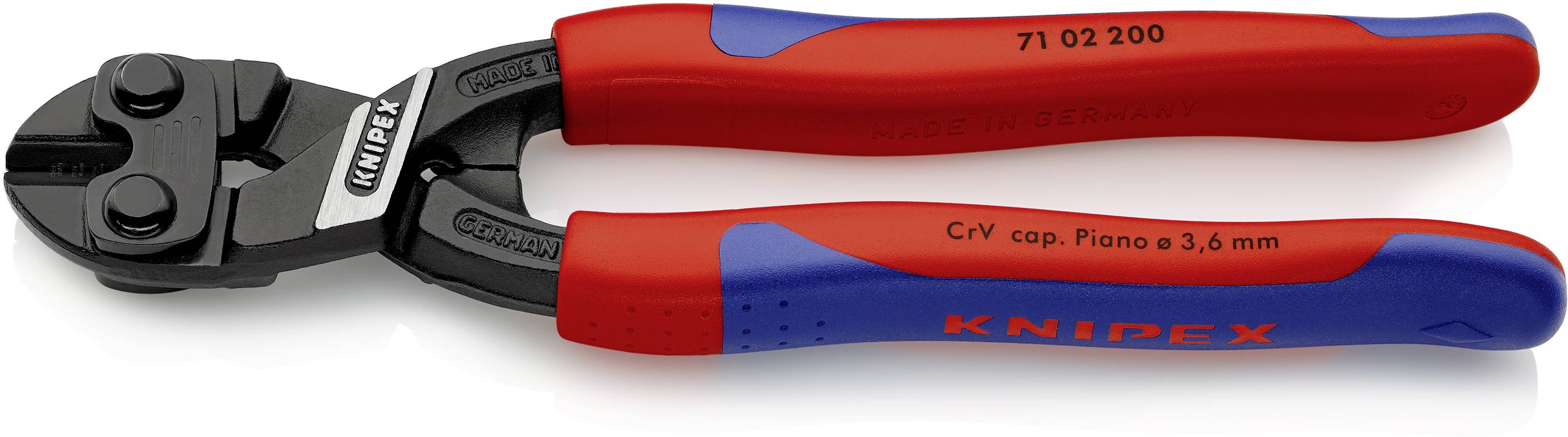 Ein roter und blauer Bolzenschneider der Marke Knipex, geeignet für das Schneiden von Piano-Drähten bis zu 3,6 mm.