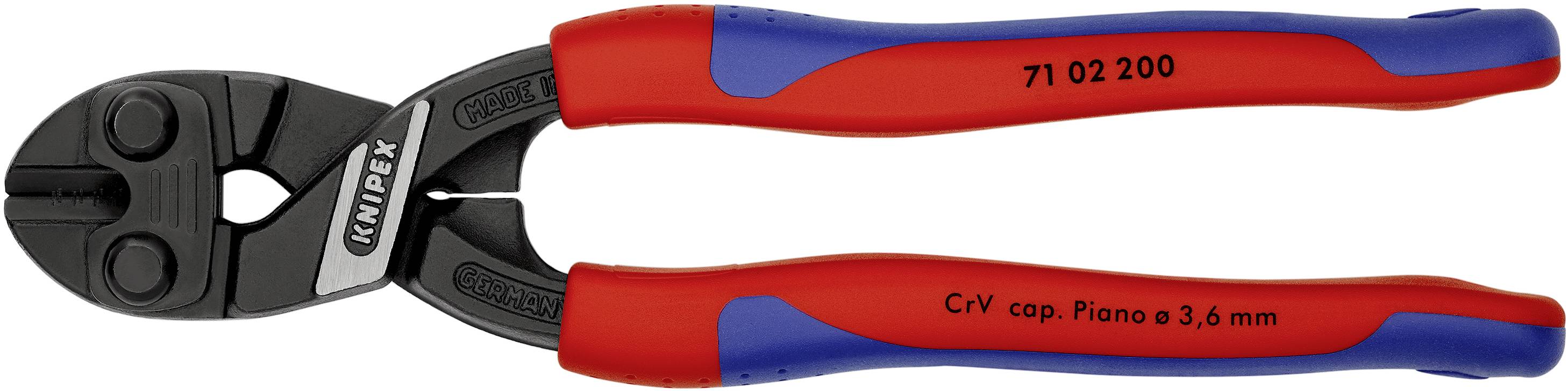 Bolzenschneider mit roten und blauen Griffen, geeignet für die Bearbeitung von C-V cap. Piano bis 3,6 mm, mit KNIPEX-Logo.