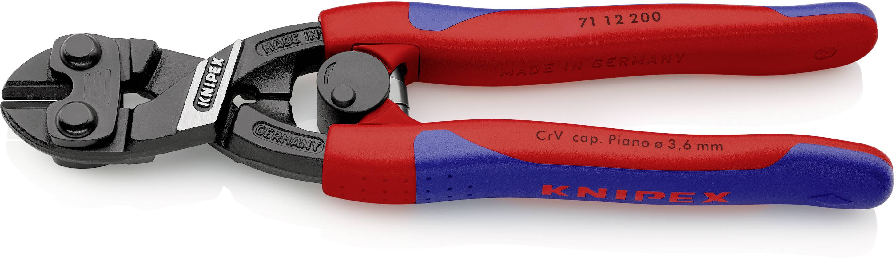Seitenschneider der Marke Knipex mit rotem und blauem Griff, geeignet zum Schneiden von Drähten bis 3,6 mm Durchmesser.