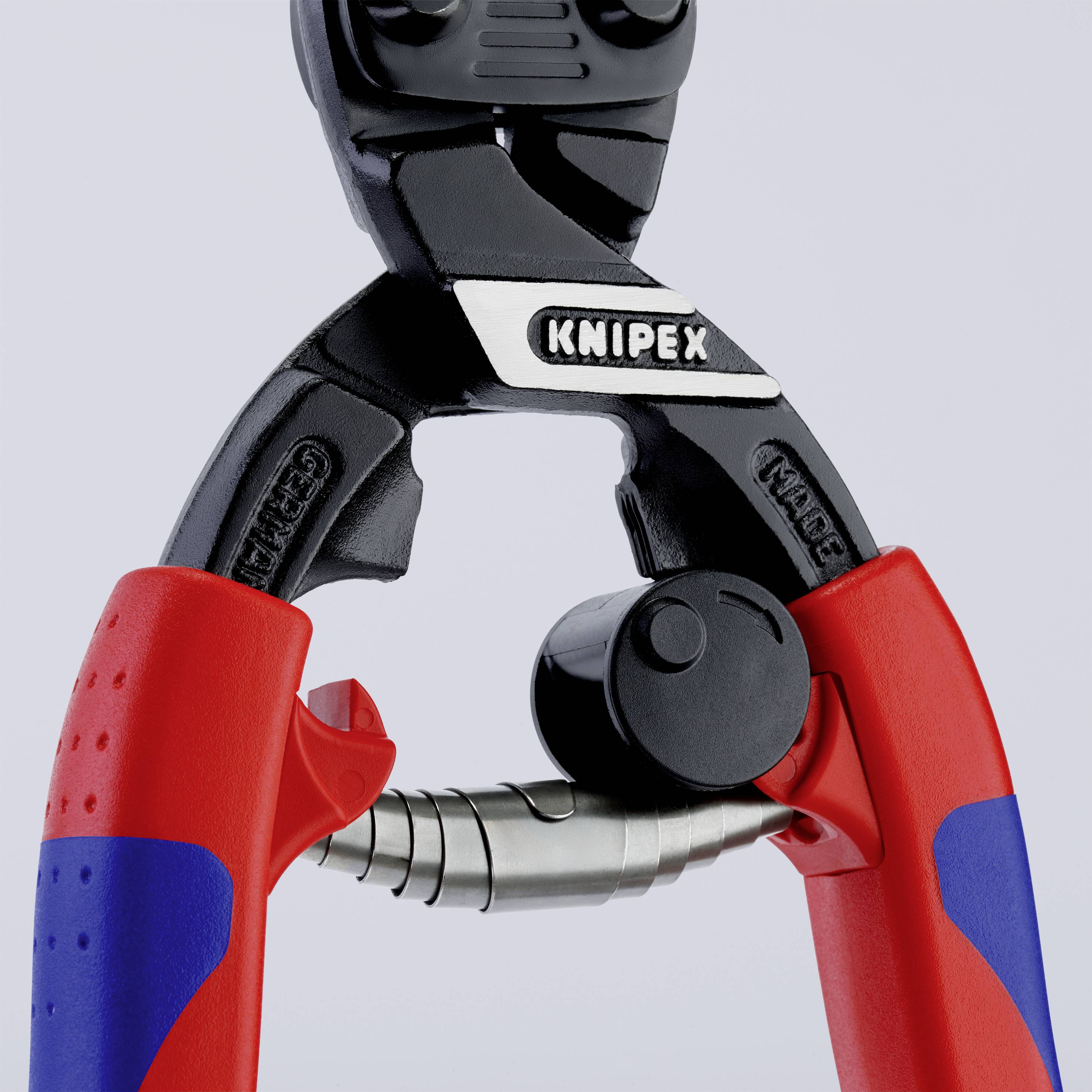 Eine Knipex-Zange mit roten und blauen Griffen. Sie ist aus schwarzem Metall und hat einen robusten, schneidenden Kopf.