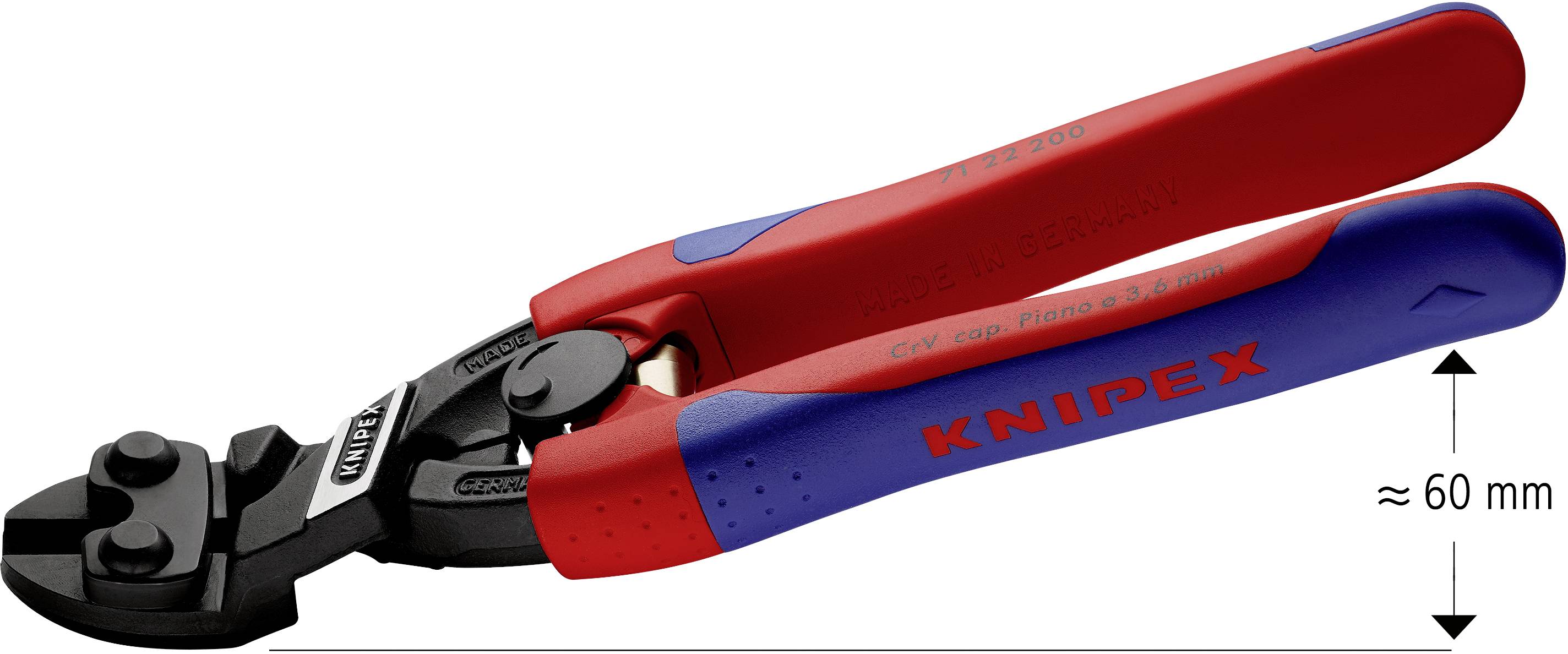 Eine Knipex Bolzenschneider-Zange mit roten und blauen Griffen, ca. 60 mm lang, für das Schneiden von Drähten und Bolzen.