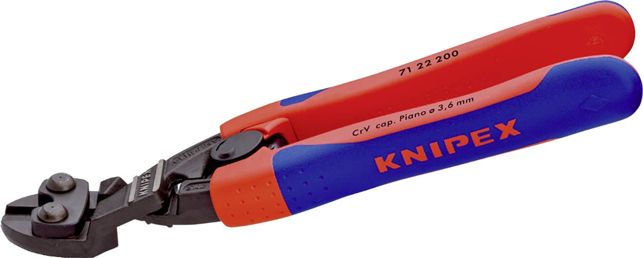 Handlicher Bolzenschneider mit rotem und blauem Griff, ideal für präzises Schneiden von Draht bis 3,6 mm Durchmesser. Markiert mit 'Knipex'.