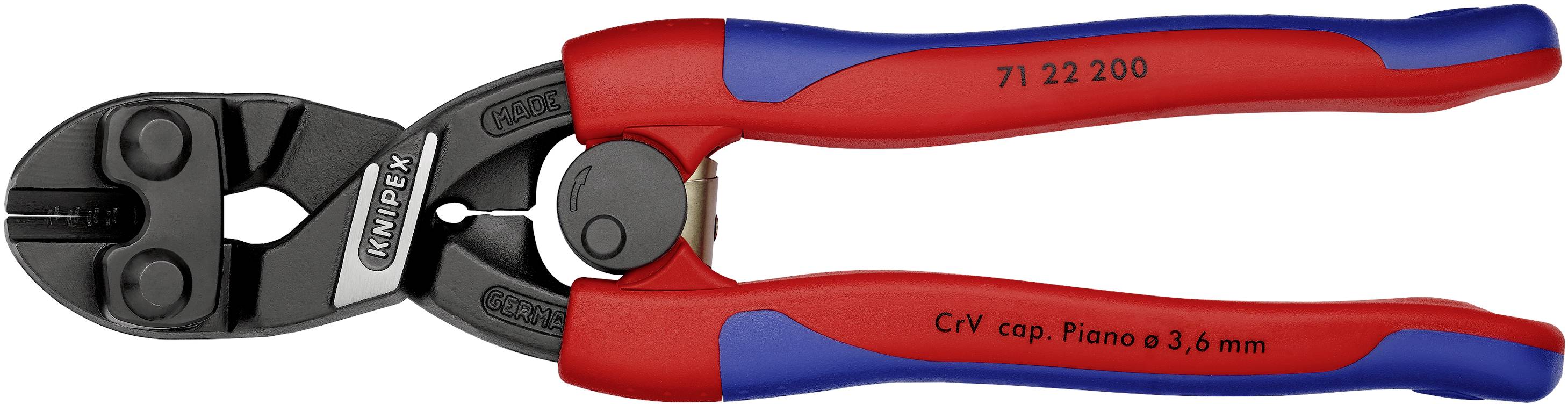 Eine rote und blaue Mini-Bolzenschneiderzange mit schwarz beschichteten Metallbacken, geeignet für Draht bis 3,6 mm Durchmesser.