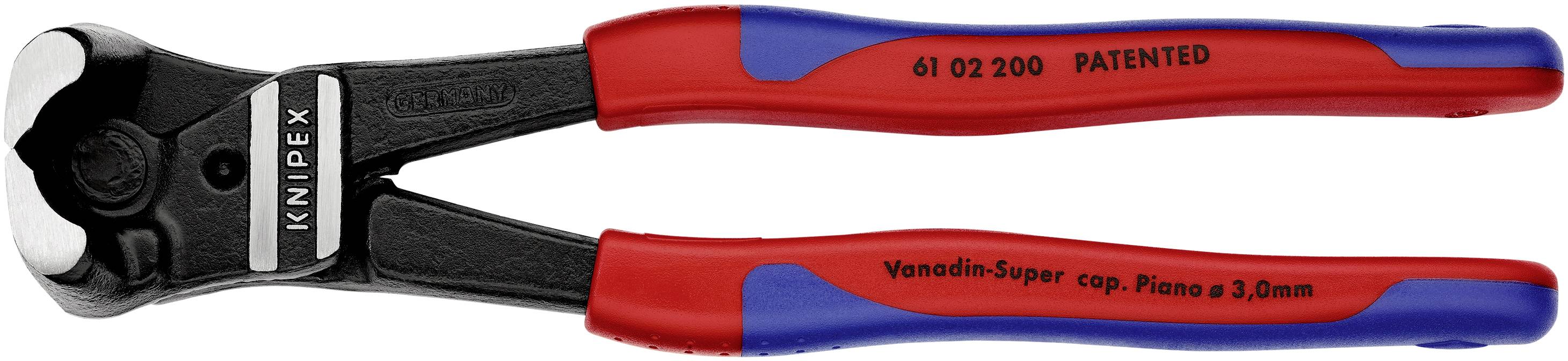 Seitenschneider aus Metall mit roten und blauen Griffen. Markierung zeigt 'Knipex', '61 02 200', 'Patented' und 'Vanadin-Super cap.'