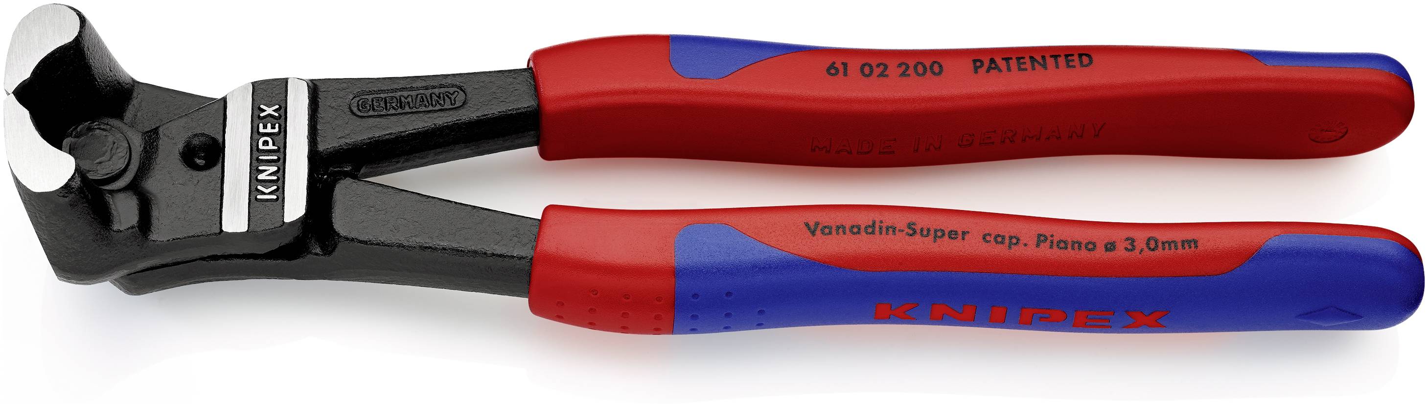 Ein roter und blauer Knipex Bolzenschneider mit schwarzem Schneidkopf, geeignet für Klaviersaiten. Modellnummer und Schriftzug sichtbar.