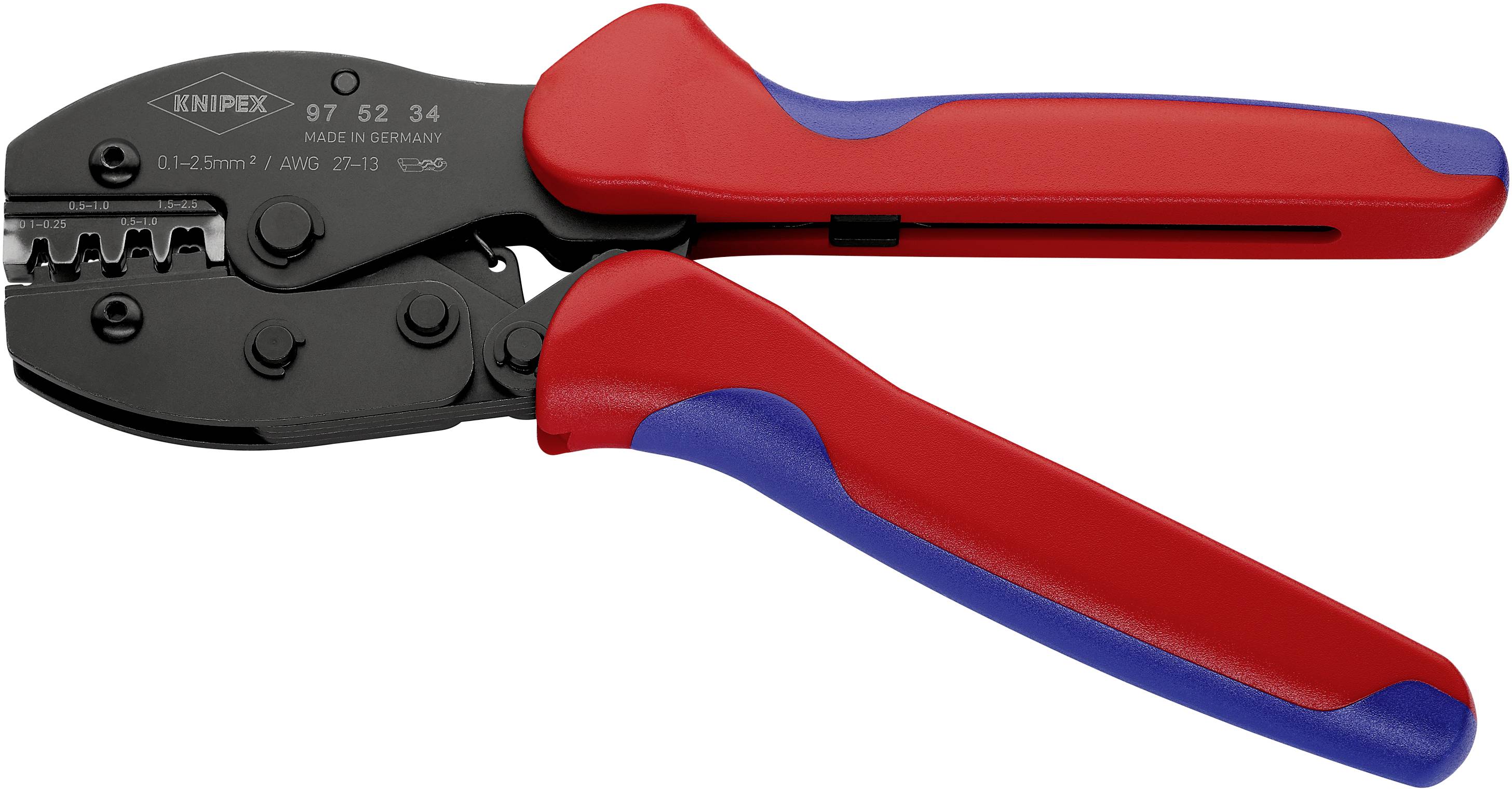 Crimpzange mit rot-blauem Griff, gefertigt in Deutschland, geeignet für Kabel von 0,14 bis 6 mm².