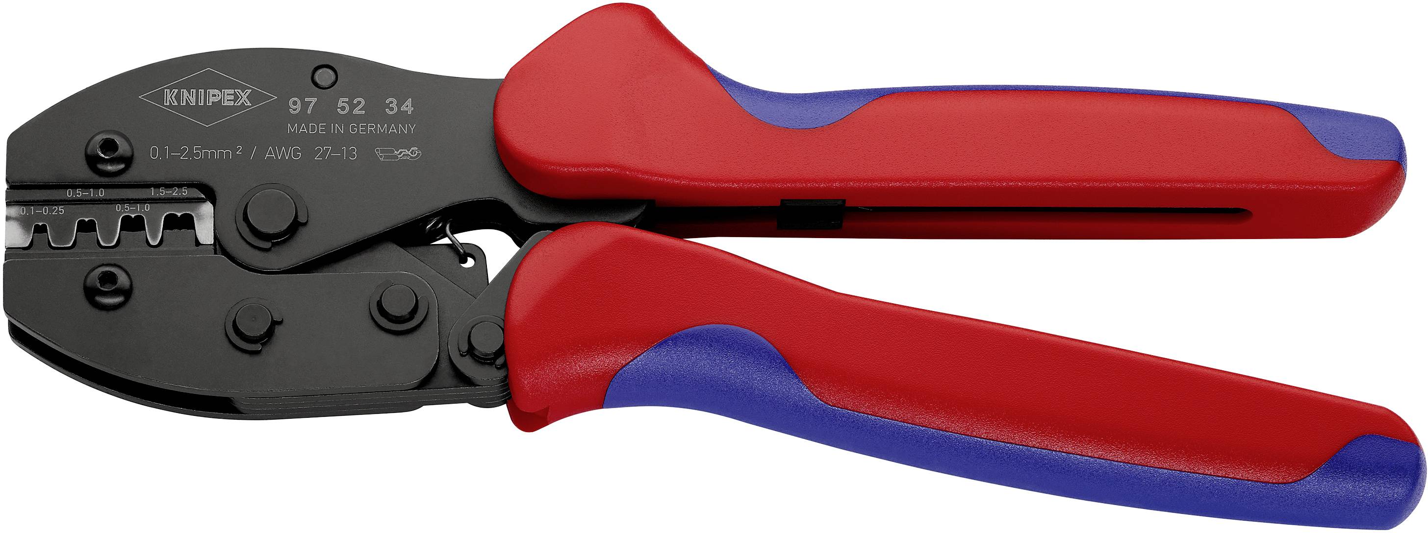 Handzange von Knipex mit rotem und blauem Griff, geeignet zum Crimpen von Kabeln.