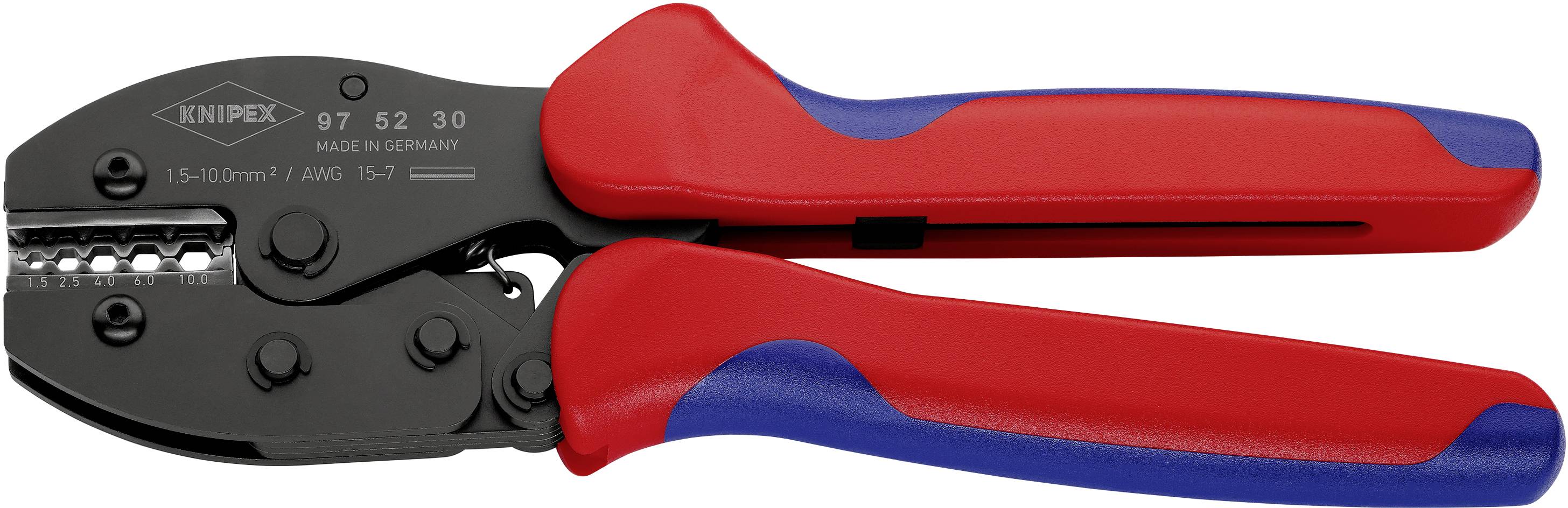 Handpresszange mit roten und blauen Griffen zum Crimpen von Kabelschuhen.
