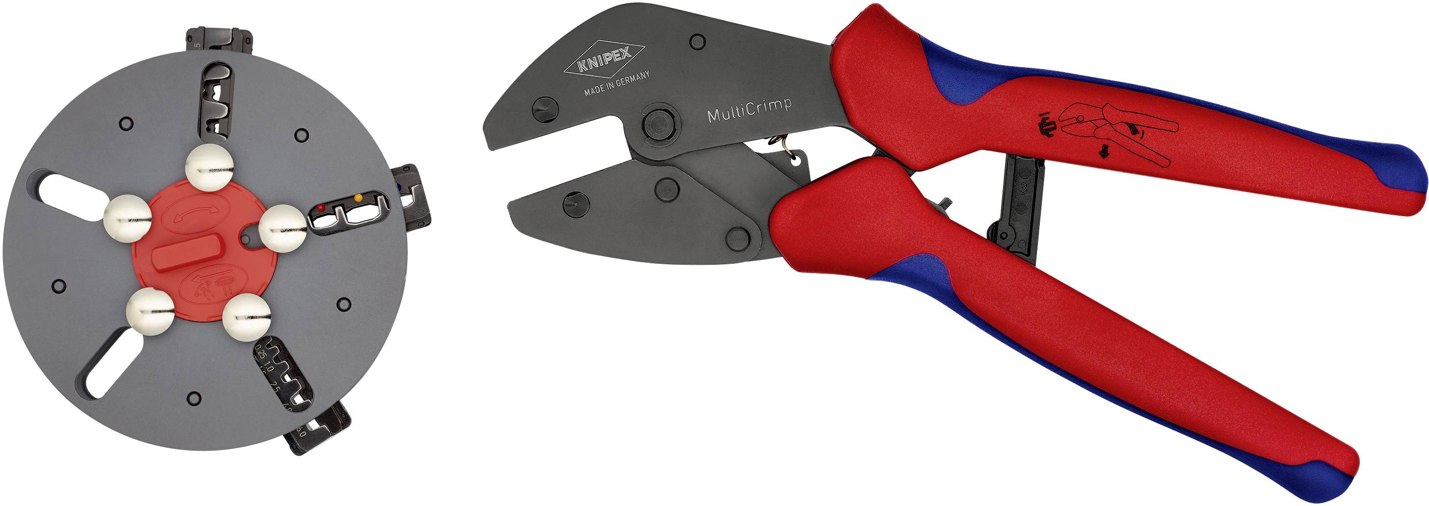 Eine rote und blaue Crimpzange der Marke 'KNIPEX' neben einem grauen Crimpwerkzeugaufsatz mit mehreren Steckplätzen.