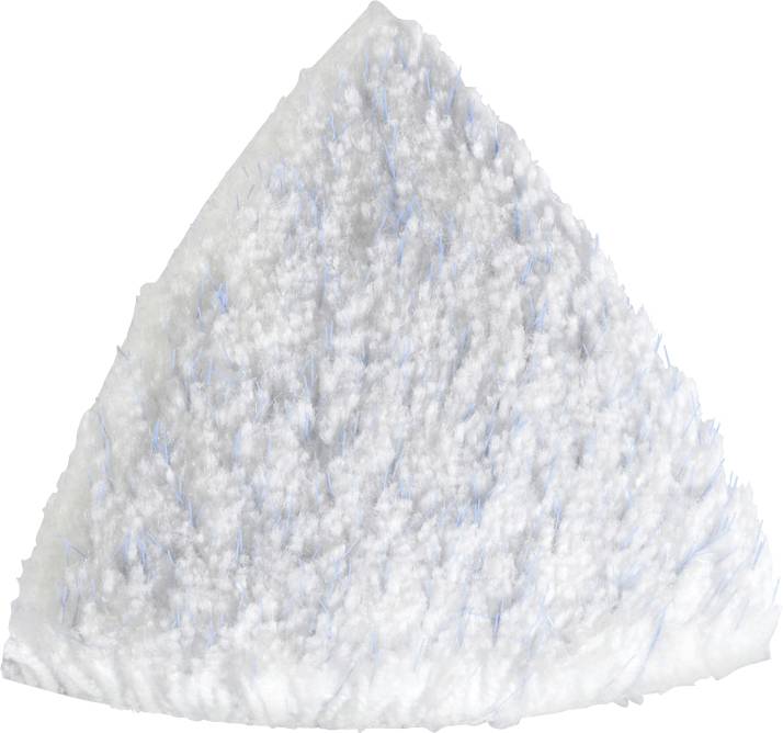 Ein weißes, dreieckiges Mikrofasertuch mit blauen Fasern, das für die Reinigung von Oberflächen verwendet wird.