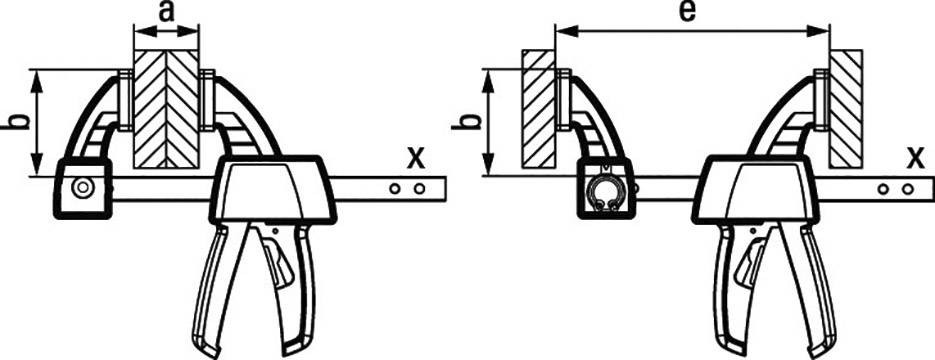 Zwei Diagramme eines Schraubzwingens, zeigen verschiedene Spanntechniken. Maße 'a', 'b', 'e' und 'x' an beiden Bildern markiert.