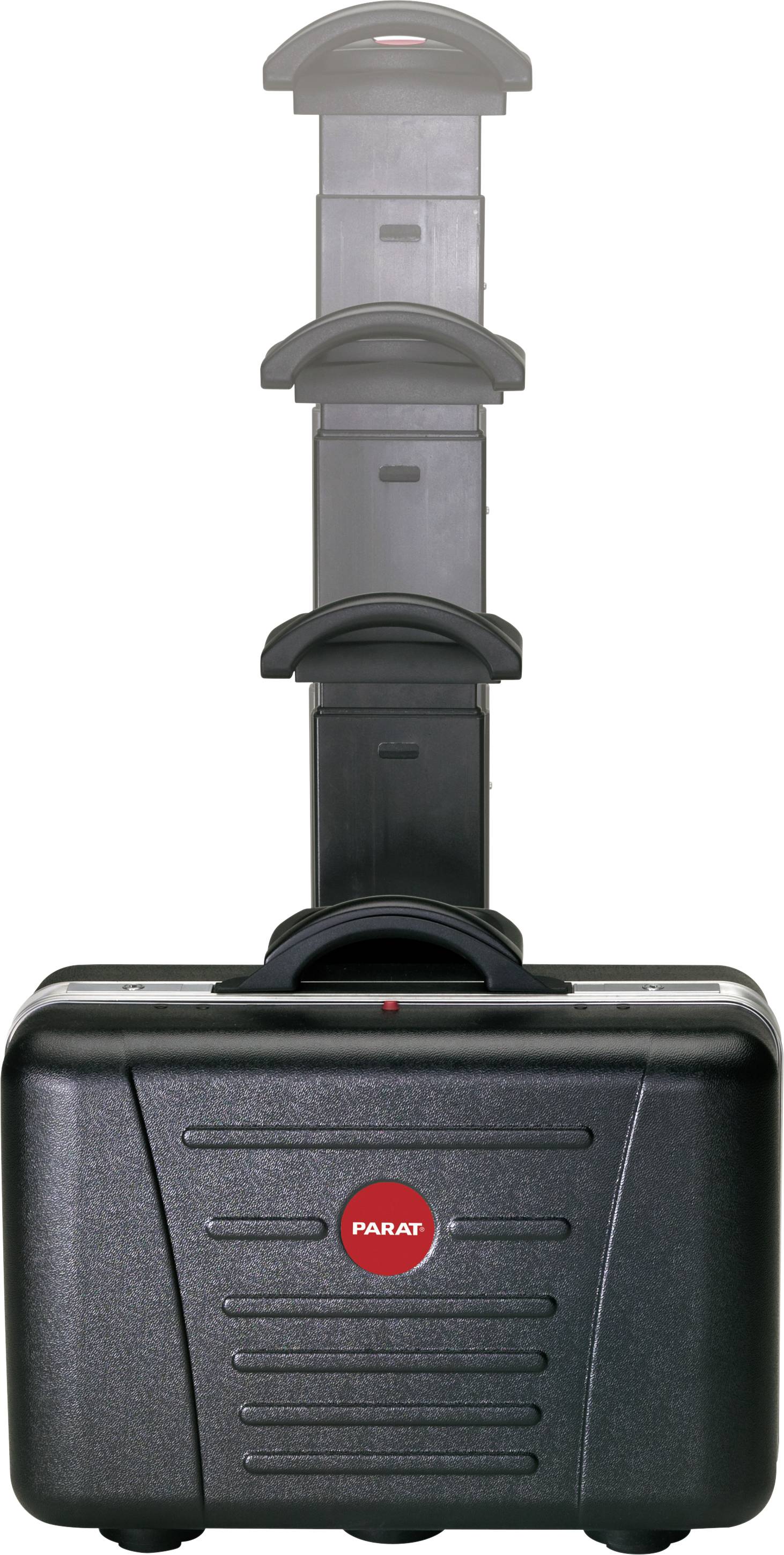 Ein schwarzer Werkzeugkoffer mit ausziehbarem Griff und Parat-Logo. Ideal für sicheren Transport von Werkzeugen.