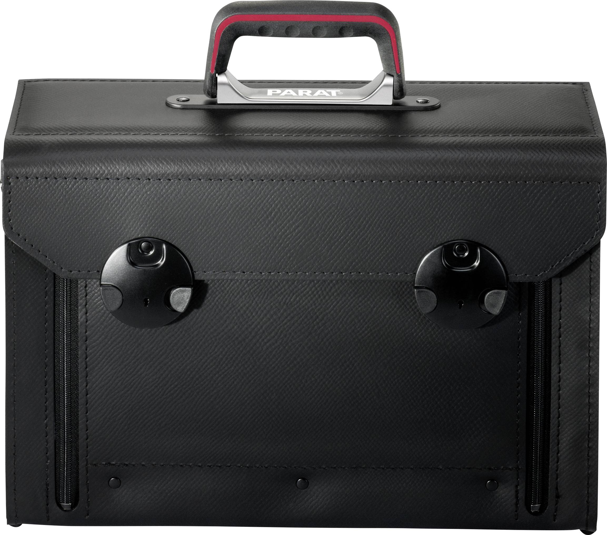Eine schwarze Werkzeugtasche mit festem Griff und zwei Verschlüssen, geeignet für die sichere Aufbewahrung von Werkzeugen.