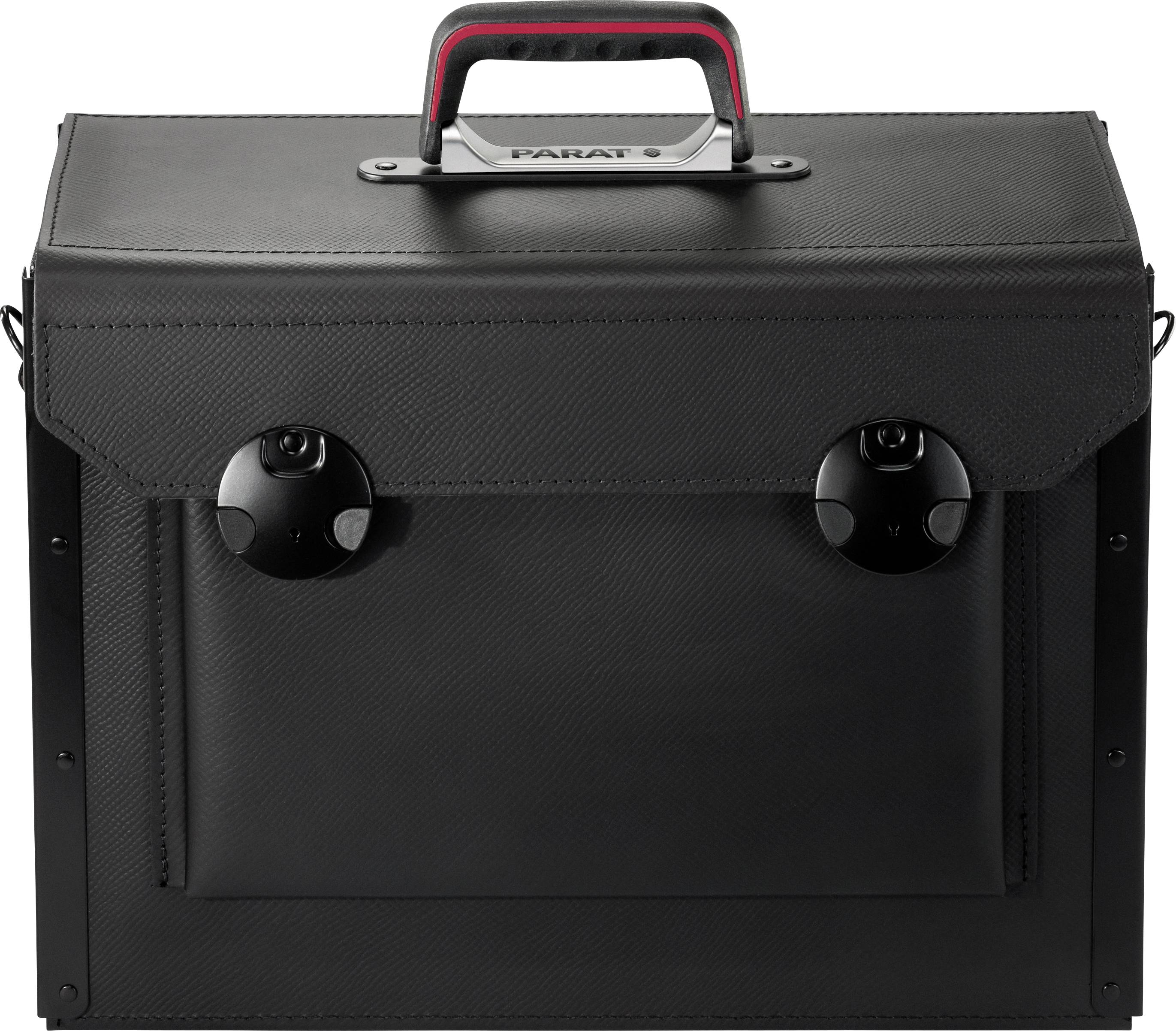 Eine schwarze Werkzeugtasche mit robustem Henkel, zwei Schnallen und einer Vorderklappe, geeignet zum sicheren Transport von Werkzeugen.