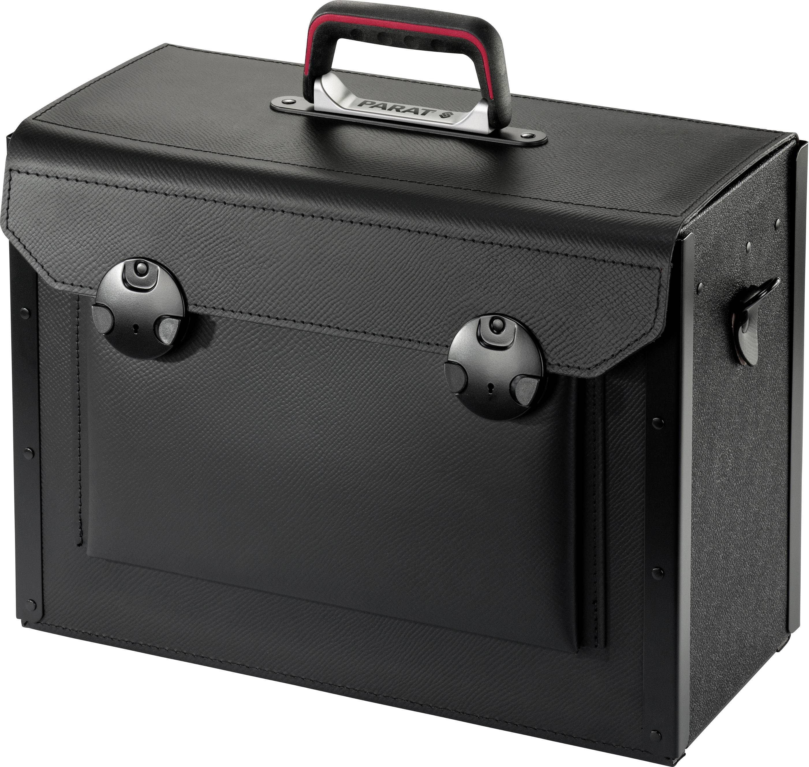 Schwarze, rechteckige Werkzeugtasche mit rotem Griff und zwei Schnappverschlüssen, ideal für sichere Aufbewahrung und Transport von Werkzeugen.